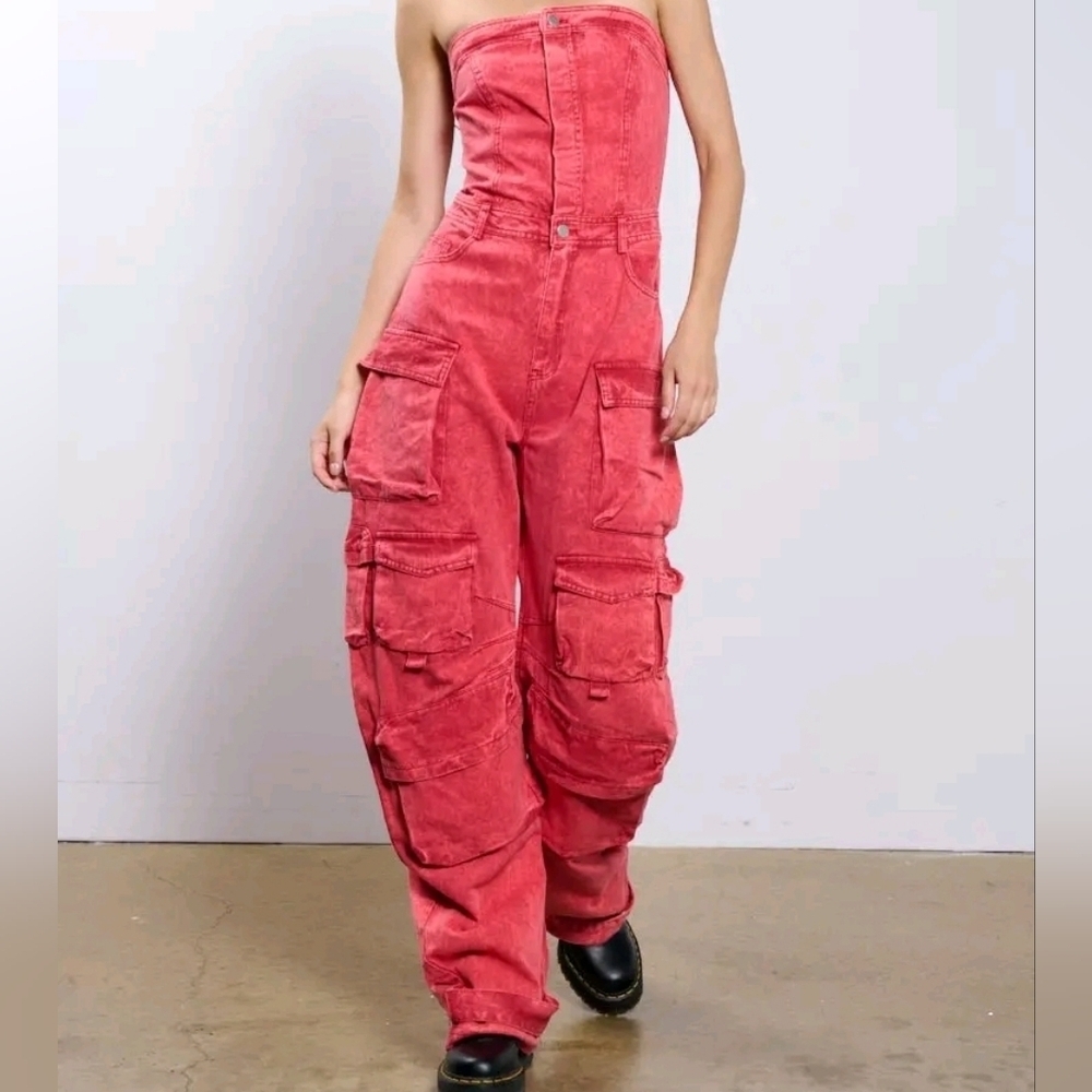 Akira Strapless Washed Red Cargo Jumpsuit Gorpcore